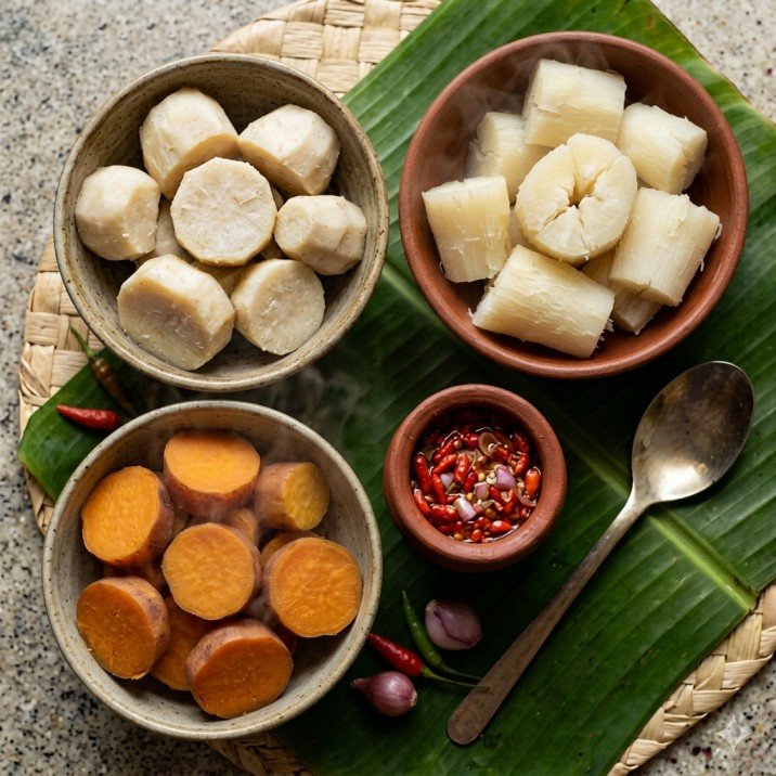 Boiled Kappa, Chembu & Sweet Potatoes